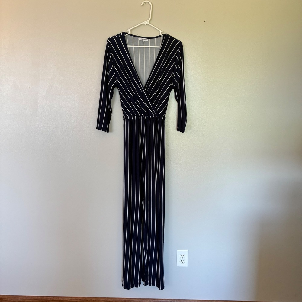 Thyme + Honey Navy Blue White Striped V-Neck Wide Leg Jumpsuit XL